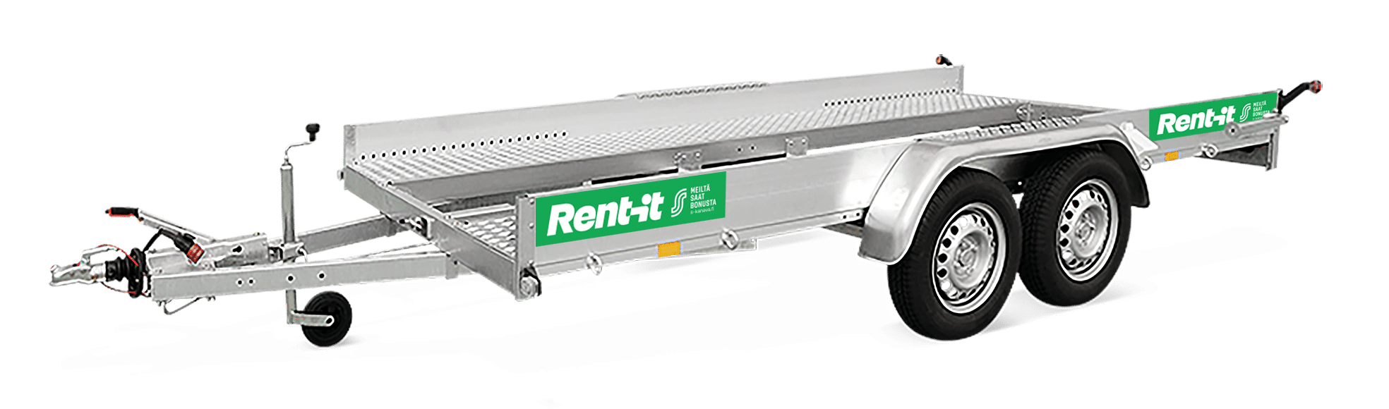 Harmaa autotraileri jossa Rent-it logo