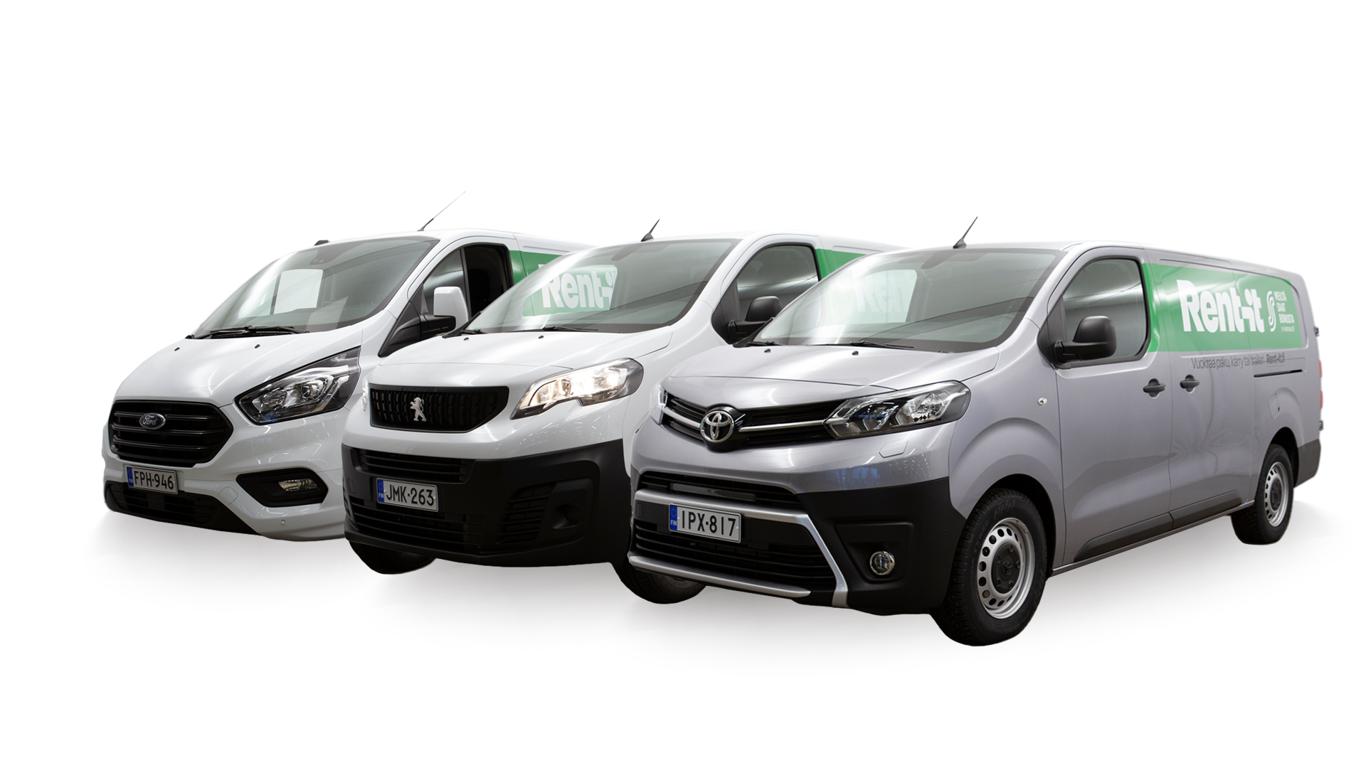 Kolme vaaleaa pakettiautoa rivissä