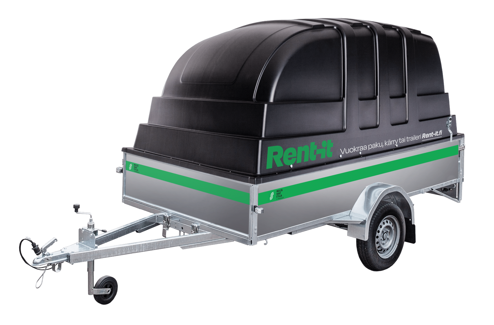 Iso harmaa peäkärry jossa on musta kuomu päällä Rent-it logolla varustettuna