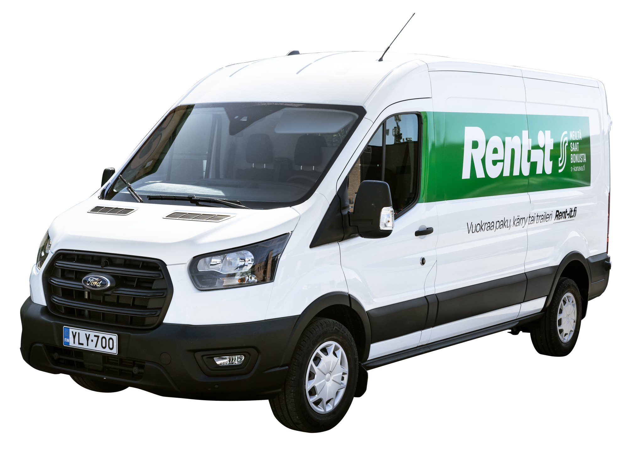 Valkoinen Ford Transit pakettiauto jossa Rent-it logo kyljessä